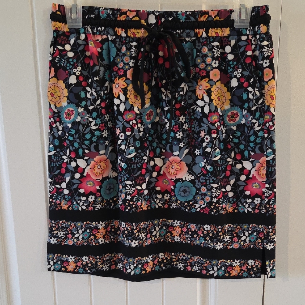 LOFT Black Floral Mini Skirt with Bright Multicolor Flowers